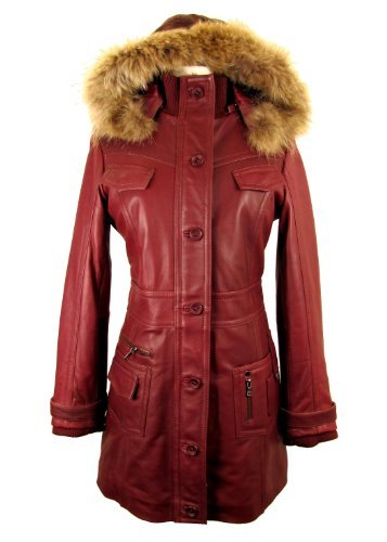 Knoles & Carter Women's Leather Coat with Fur-Trimmed Hood-Medium, Plum