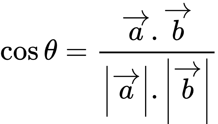 {"code":"\\begin{align*}\n{\\cos\\theta}&={\\frac{\\overrightarrow{a}.\\overrightarrow{b}}{\\left|\\overrightarrow{a}\\right|.\\left|\\overrightarrow{b}\\right|}}\t\n\\end{align*}","font":{"size":10,"color":"#000000","family":"Arial"},"id":"20-0","type":"align*","ts":1604576883818,"cs":"6lPMF0eBkw5yFBcI9JE7Jw==","size":{"width":118,"height":68}}