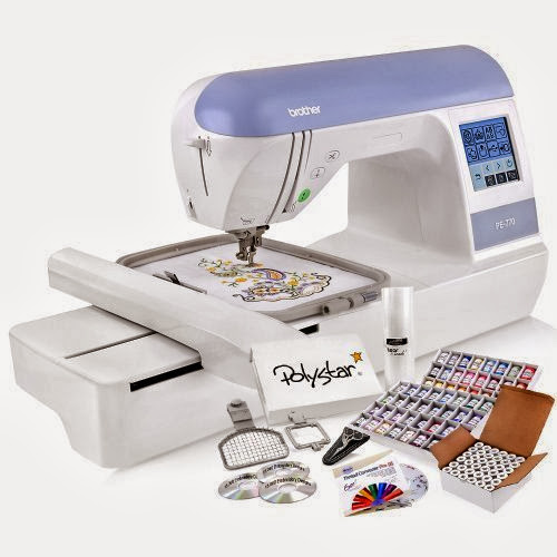 Brother PE770 (PE 770) Embroidery Machine w/ USB Flash Port and Grand Slam Package Includes 63 Embroidery Threads with Snap Spools + Prewound Bobbins + Cap Hoop + Sock Hoop + Stabilizer + 15,000 Embroidery Designs + Scissors ($1,170 Value)