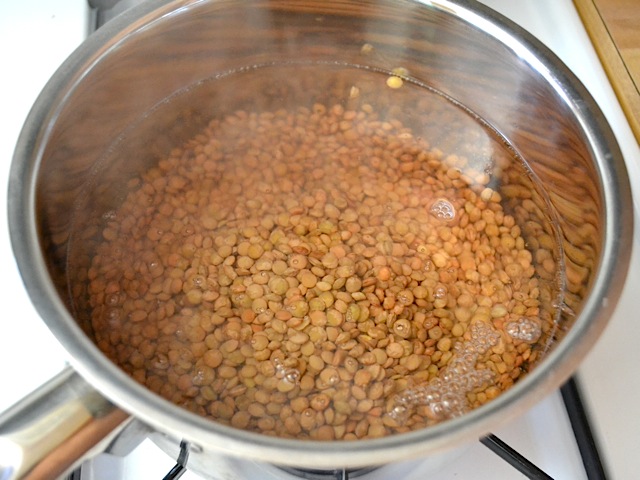 lentils in boiling water in pot 