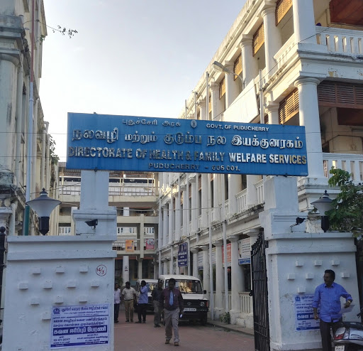 Directorate of Health & Family Welfare Services, Main Block of the Old Maternity Hospital Complex, Victor Simonel St, Near Bharathi Park, Puducherry, 605001, India, Local_government_office, state PY