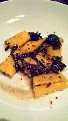 Cafe Castagna rich pasta special of elery root and Parmesan agnolotti with sauteed black trumpet mushrooms