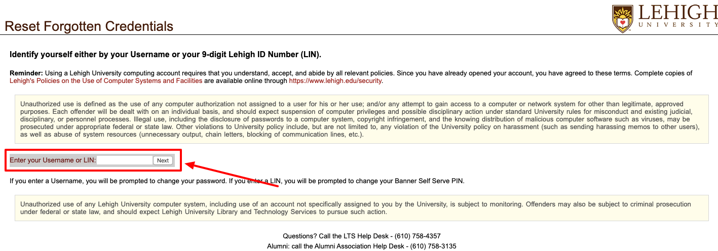 lehigh university student portal forgot password