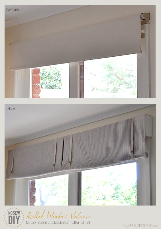 DIY No Sew Rolled Window Valance to Conceal a Black-out Roller Blind