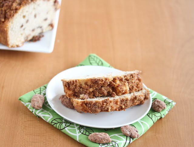 photo of slices of Cinnamon Pecan Ice Cream Bread on a plate