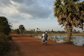 two people riding a motorbike on a dirt road next to a palm tree