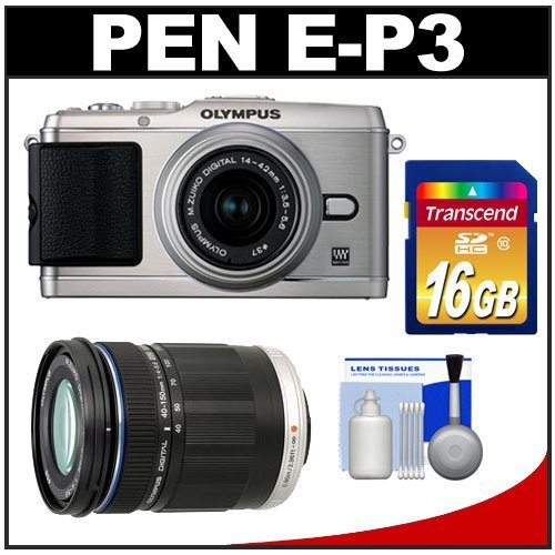 Olympus PEN E-P3 Micro 4/3 Digital Camera  &  14-42mm II Lens (Silver) with M.Zuiko 40-150mm ED Zoom Lens + 16GB Card + Cleaning Kit (Refurbished by Olympus)