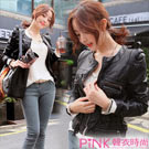(Pink 韓衣時尚)帥氣漫步˙多口袋束腰軍感皮衣(黑)