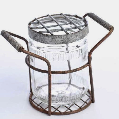  Vintage Mason Jar with Frog Grate Lid and Rusted Metal Holder