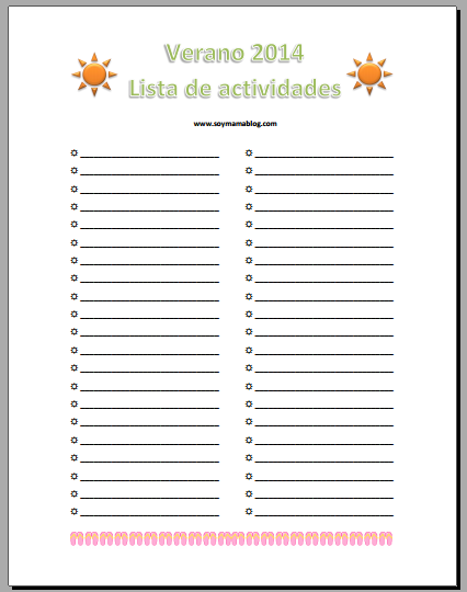 Imprimible: Lista de actividades - Verano 2014
