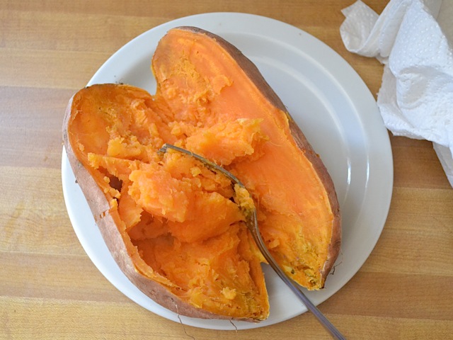 cooked sweet potato cut in half 