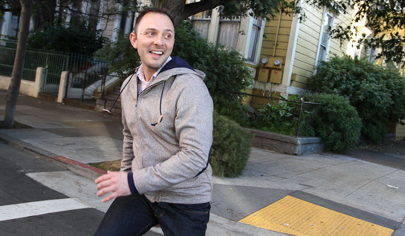 Brown Academic Hoodie: Steven crosses street