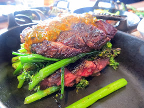 White Oak Grilled Skirt Steak with grilled broccolini and red chimichurri, Manhattan Beach Post restaurant, Manhattan Beach, Los Angeles