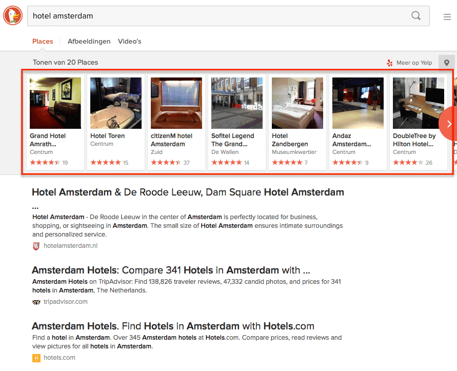 DuckDuckgo zoekresultaten op 'hotel Amsterdam'