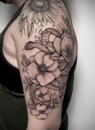 Stylish Sunflower And Snake Tattoo Design