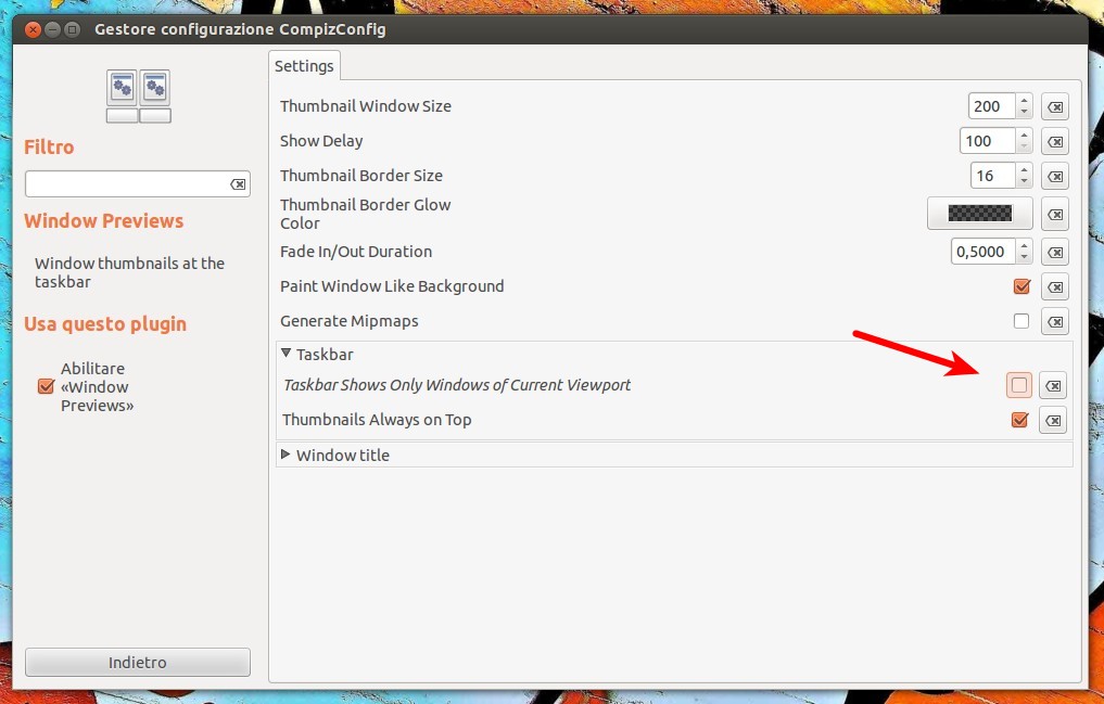 anteprime delle finestre dal Launcher di Ubuntu - Taskbar Shows Only Windows of Current Viewport