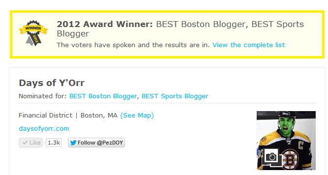 DOY wins 'Best Sports Blog', 'Best Boston Blogger'