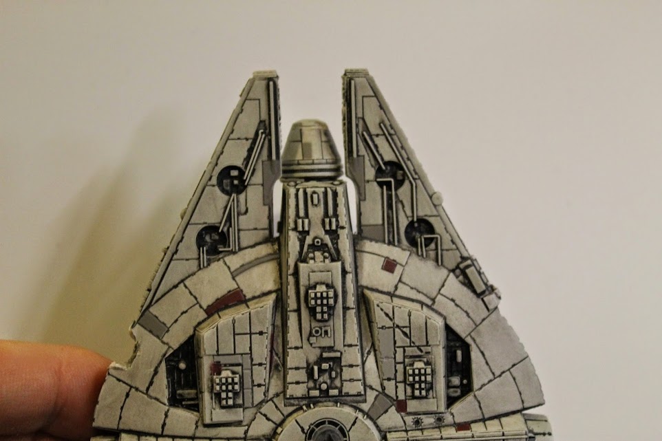 Millennium Falcon model cut open, with cockpit fixed back on. Bottom view.