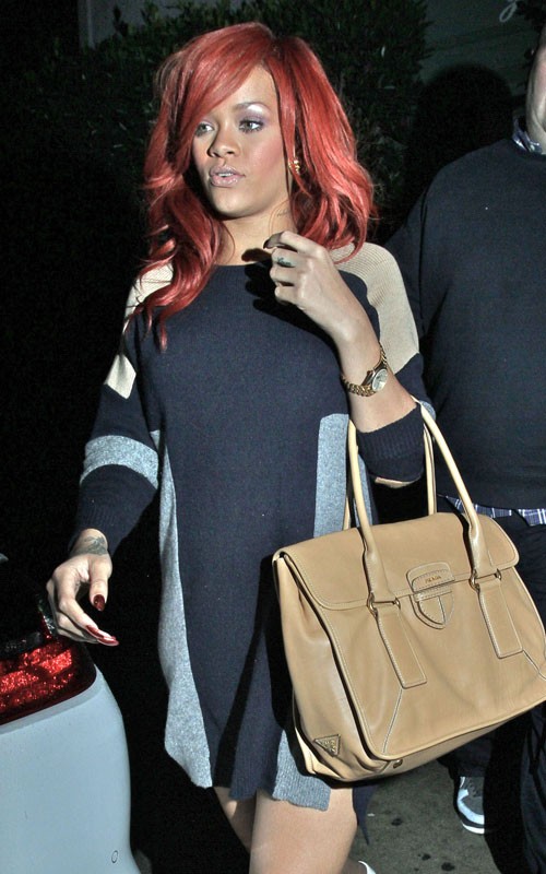 Rihanna styling with a Prada Spring 2011 Tote Bag