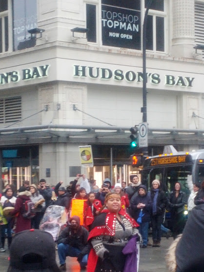 The IdleNoMore protest in front of the Hudson's Bay store