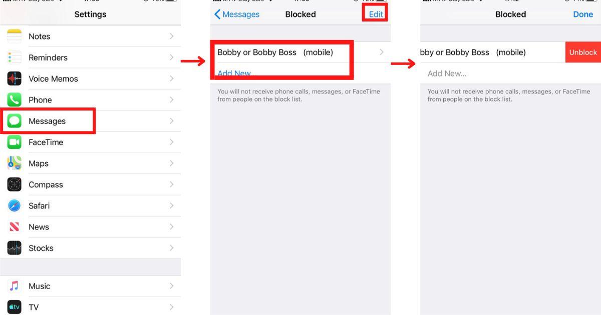 Unblocking number through message settings on iPhone