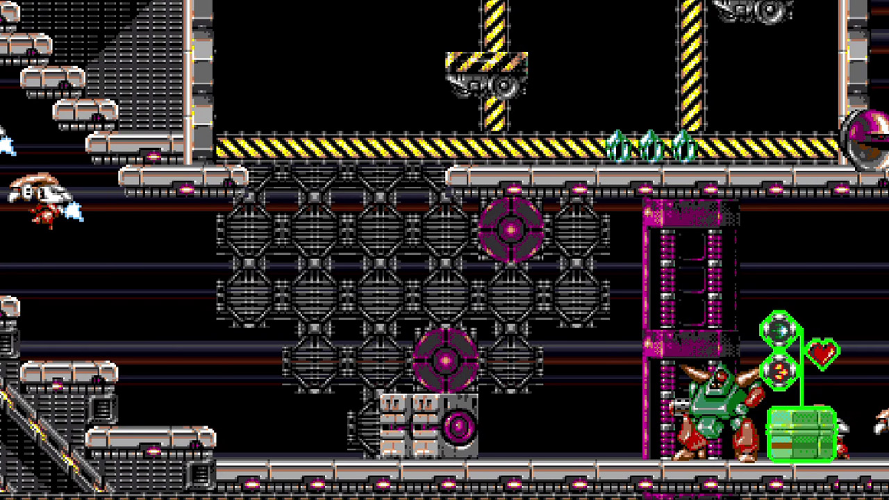 Our hero is in a futuristic style level with metal walls, floor and enemies are lurking waiting to attack.