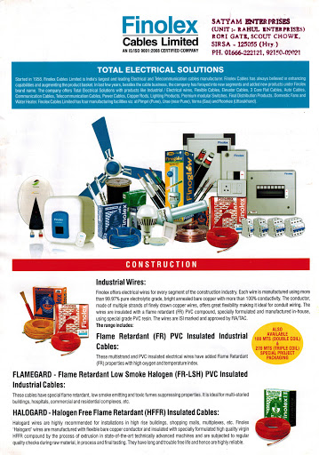 SATYAM ENTERPRISES Formerly : Rahul Enterprises, RORI GATE, SCOUTT CHOWK,, NEAR OLD CIVIL HOSPITAL, Sirsa, Haryana 125055, India, Electric_Wire_and_Cable_Wholesaler, state HR