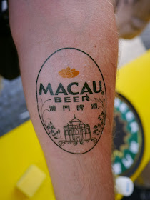 Macau Beer temporary tattoo on an arm