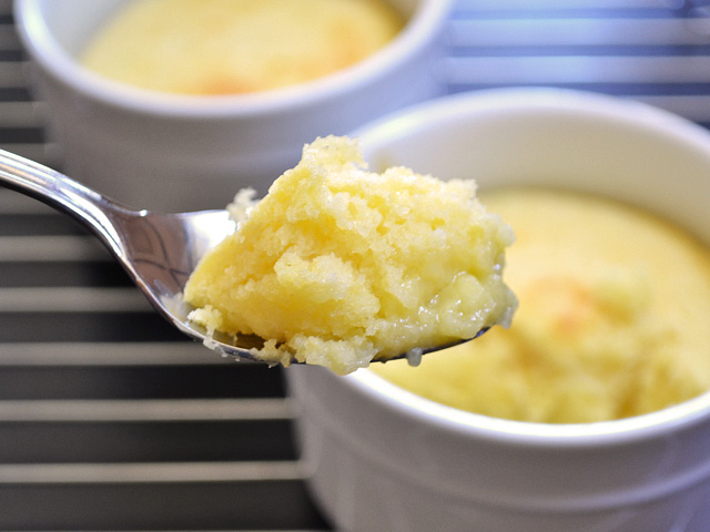 Close up of a spoonful of Lemon Pudding Cake