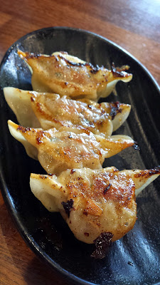Jinya Ramen bar at Mid-Wilshire, pork gyoza that you can get with salad in addition to your ramen to make a combo