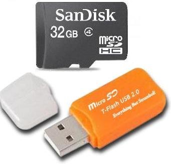 Sandisk 32GB Micro SDHC Class 4 TF Memory Card for Samsung Wave 3 Infuse 4G with Everything But Stromboli Micro SD Orange Card Reader - Bulk Packed