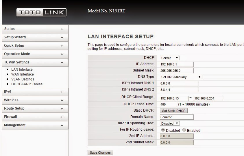 Giao điện phần cấu hình DHCP Server của modem Totolink trong đó có phần thiết lập ip máy chủ DNS
