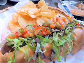 Hamburger Dog with cheese, bent sauce, and relish from the bent brick, portland, neighborhood tavern, drinking food