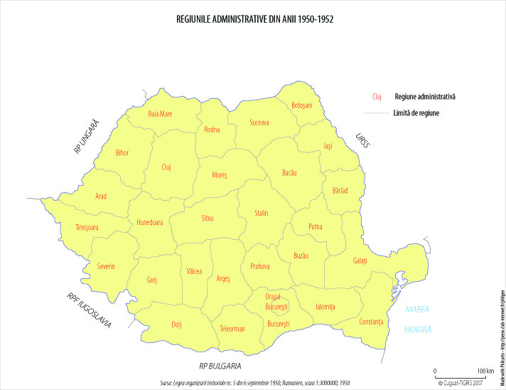 Harta administrativ-teritorială a României între 1950 - 1952