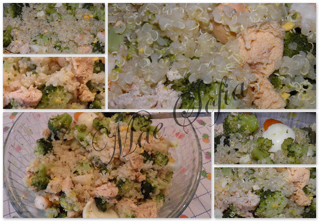 Salada de quinoa com ovas de bacalhau e brócolos