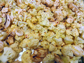 Quinoa with Roasted Cauliflower and Mushrooms Recipe: Preparing for the roasting the cauliflower and mushrooms