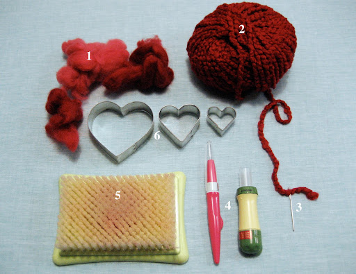 Supplies: 1. Roving 2. Yarn 3. Yarn Needle 4. Needle Felting Tools
5. Felting Pad 6. Cookie Cutters Supplies: 1. Roving 2. Yarn 3. Yarn Needle 4. Needle Felting Tools
5. Felting Pad 6. Cookie Cutters