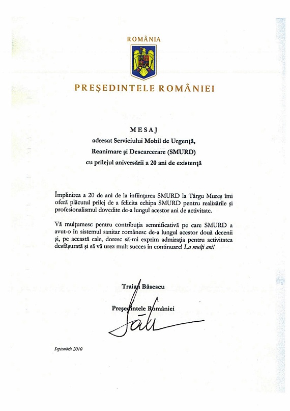 Mesajul preşedintelui Traian Băsescu către SMURD la împlinirea a 20 de ani de activitate