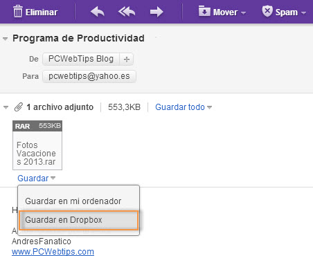 Como Usar Dropbox con Yahoo! Mail - Guardar y Enviar Archivos | PCWebtips