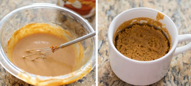 photo collage showing how to make the pumpkin pie mug cake