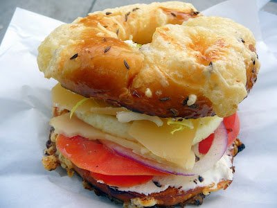 Fried Egg sandwich that includes fontina, tomato, frisée and dijon butter and cream cheese, Nuvrei Patisserie and Café