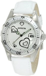  Invicta Women's 12401 Pro Diver Silver Heart Dial White Leather Watch