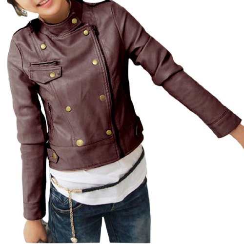 Allegra K Ladies Fake Leather Long Sleeve Slant Zip Front Short Coat