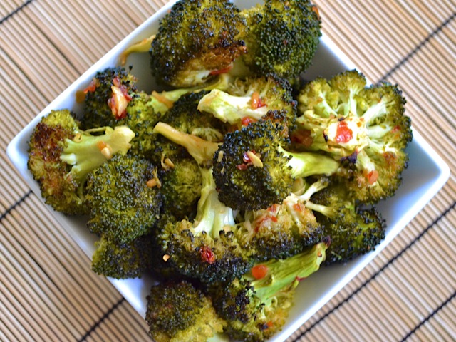 Stop vite of broccoli sambal on white square plate 