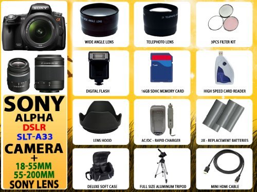 Sony Alpha Dslr-slt-a33 Digital Camera with 18-55mm Lens + 55-200mm Lens + Huge Accessories Package Including Wide Angle Macro Lens + 2x Telephoto Lens + 3 Pc Filter Kit + 16gb Sdhc Memory Card  &  Much More!!