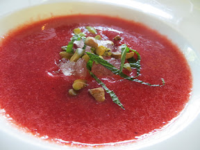 chilled strawberry soup served with champagne ice, pistachios and mint, H50 Bistro Bar, Hotel 50 restaurant, Portland, waterfront restaurant