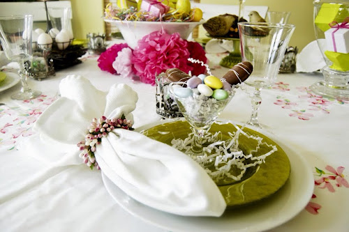 Easter tablescape, pink paper flowers