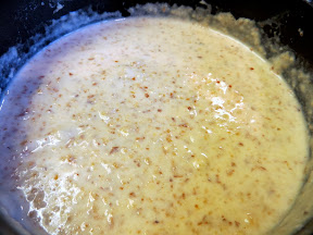 Cauliflower with Manchego and Almond Sauce Recipe - almond and dairy sauce thickened, about to add manchego cheese