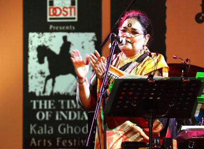 Usha Uthup gestures while performing at 'Kala Ghoda' Festival, held in Mumbai on February 3, 2013. 