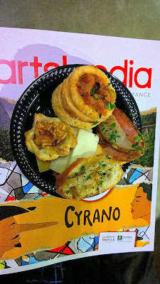 Some of the fun French themed appetizers at Opening Night of the Portland Center Stage production of Cyrano, including tartines, mini galettes, and French cheese platters and some sort of pastry filled with ratatouille